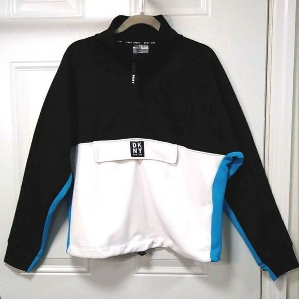 DKNY Black and White Women's Front Kangaroo Pocket Colorblock Sweatshirt Size L - Picture 2 of 10